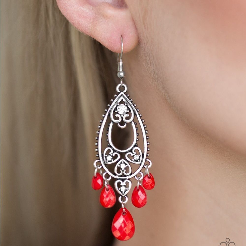 Silver tear drop heart inlay with rhinestones red bead dangles